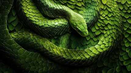 background of green tree snake coils, high detail