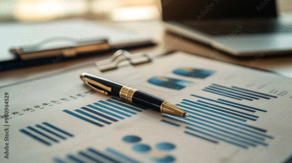 Poster A detailed view of a financial report with bar charts and graphs, showing revenue and expense data, laid out on a desk with a pen and notebook.