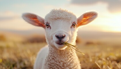 Fototapeta premium A curious lamb happily chewing on fresh grass, ears standing tall, with the warm glow of a country field in the background.