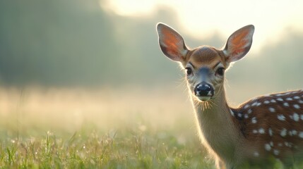 Fototapeta premium A deer peacefully chewing on grass with its ears perked up, surrounded by a serene countryside landscape bathed in warm sunlight.