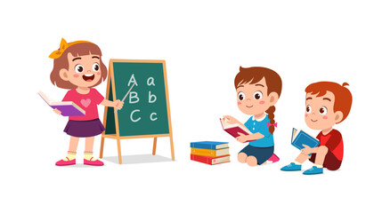 Obraz premium little kid writing on blackboard with chalk to teach friend
