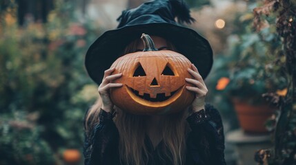 Naklejka premium woman in witch costume holding jack o pumpkin