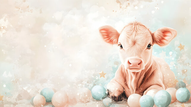 una invitacion digital con espacio para copiar en colores claros en tonos pastel con una vaca bebe becerro decorativa para tarjeta de festejo o cumplea&ntilde;os