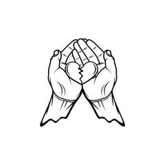 broken heart shape above both black and white palms vector line art