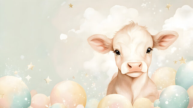 una vaca bebe sobre pelotas de colores pastel y nubes tiernas sobre un fondo con espacio para copia para dise&ntilde;o de invitacion o tarjeta de baby shower o fiesta de cumplea&ntilde;os tierna y adorable