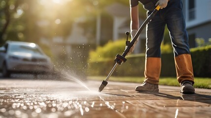 Obraz premium Professional cleaning service provided by workers using a pressure washer to clean the driveway