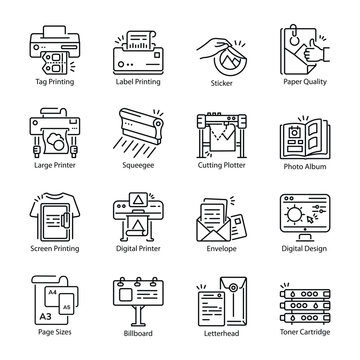 Bundle of Printing Press Outline Style Icons


