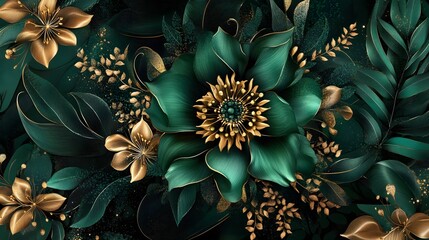 Intricate floral designs with flowing gold accents on green and black, hyper-real, high-quality, sharp and detailed artwork