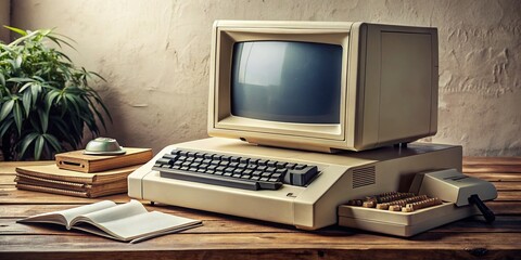 Retro beige computer terminal with CRT display, cassette tape storage, and chunky keyboard, surrounded by vintage