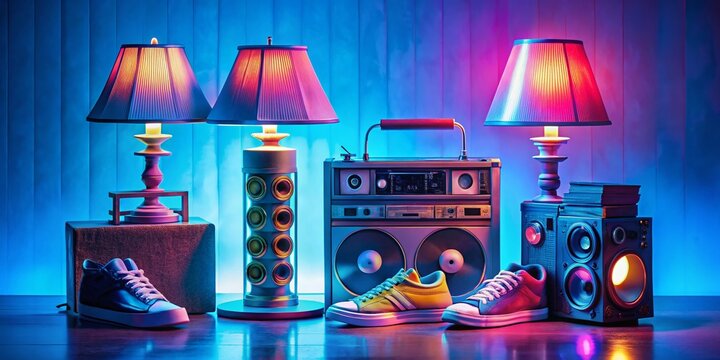 Retro cassette tapes, vinyl records, beepers, and chunky sneakers surround a brightly colored lava lamp on a fuzzy,