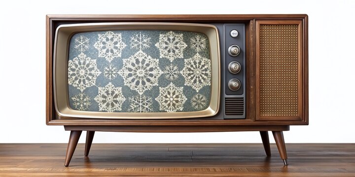 Retro cathode ray television set with curved screen and wooden cabinet, displaying static snowflake pattern, nostalgic