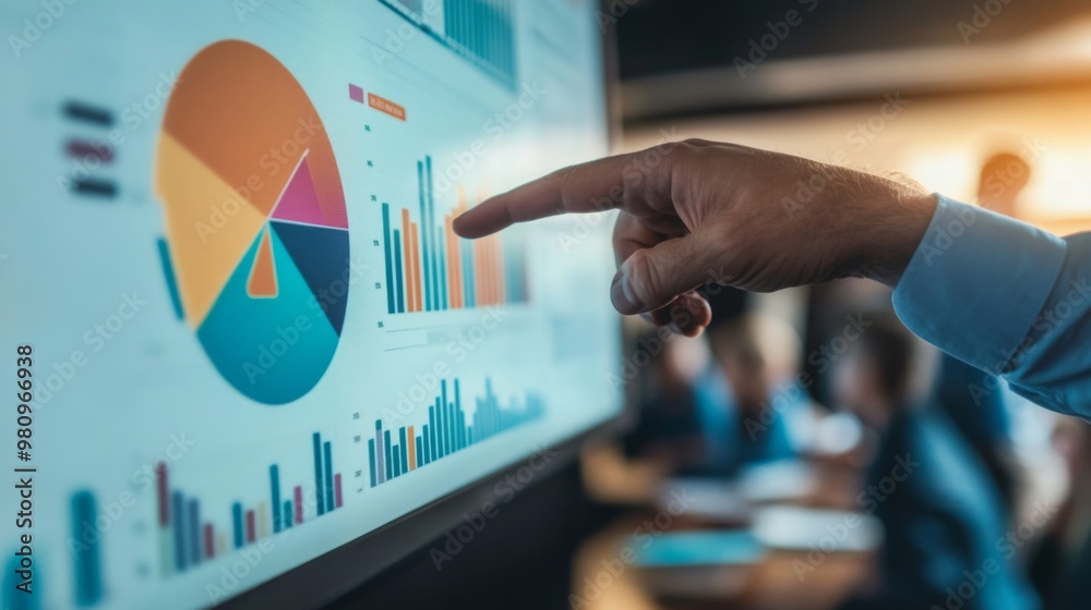 Poster a financial meeting with a presenter pointing at a large pie chart on a projector screen, illustrati
