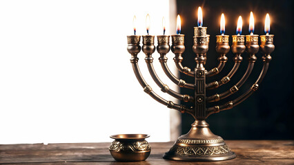 Fototapeta premium Glossy Menorah with Holographic Glowing Candles and Dreidel on White Background - Modern Festive Photo Stock Concept with Ample Copy Space for Text and Promotions