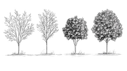 Fototapeta premium Architectural Drawings, Minimal style cad tree line drawing, Side view, set of graphics trees elements outline symbol for landscape design drawing. Vector illustration