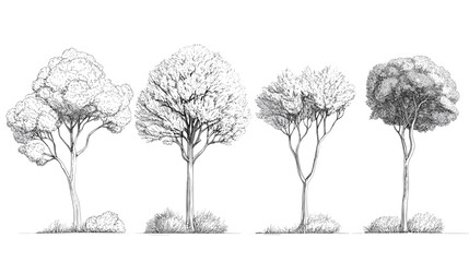 Architectural Drawings, Minimal style cad tree line drawing, Side view, set of graphics trees elements outline symbol for landscape design drawing. Vector illustration