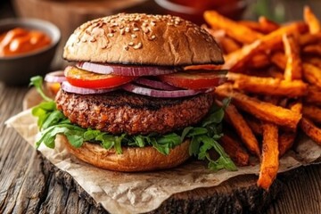 Juicy burger with sweet potato fries on rustic table