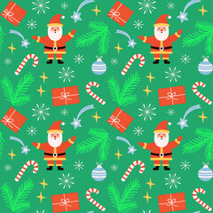 Fototapeta premium Christmas seamless vector pattern with Santa Claus and decorations, design for wallpaper, textile print, wrapping paper.