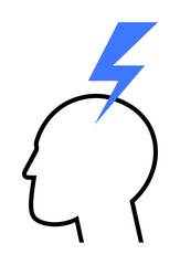 Silhouette of a human head with a blue lightning bolt on the brain area. Ideal for creativity, ideas, inspiration, innovation, and brainstorming. Simple line art style.