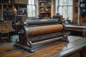Fototapeta premium A beautifully aged antique printing press stands proudly in a well-organized wood and metal workshop, conveying a sense of history and craftsmanship embedded in the rustic industrial setting