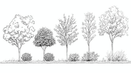Architectural Drawings, Minimal style cad tree line drawing, Side view, set of graphics trees elements outline symbol for landscape design drawing. Vector illustration