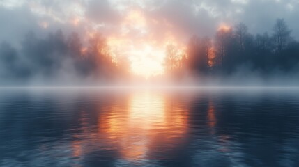 Fototapeta premium Calm Lake at Sunrise with Misty Forest Background