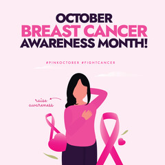Breast Cancer Awareness Month October. Breast cancer month awareness banner with a girl character wearing pink shirt examining her breast, pink ribbons. The day day spread importance of self examining