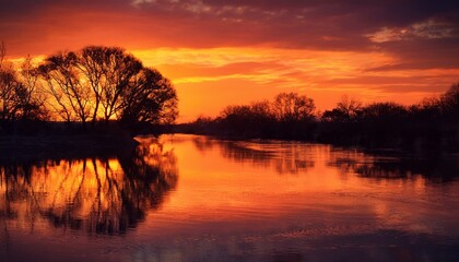 Obraz premium A fiery sunset reflects off a calm river, silhouetting bare trees and casting a warm orange glow across the landscape.