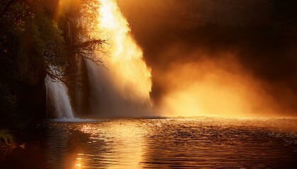 A waterfall cascades into a calm pool, bathed in the warm, golden glow of the setting sun, creating a serene atmosphere.