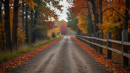 Fototapeta premium A quiet dirt road lined with a wooden fence winds through a rural landscape, with trees full of autumn leaves in shades of red and orange. The fence and road guide the eye through the scene, 