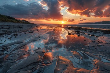 A serene and breathtaking coastal landscape at sunset featuring dramatic clouds, reflective water, distant hills, and sun rays casting warm tones