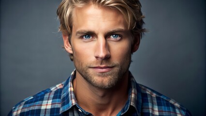 Fototapeta premium Studio portrait of a ruggedly handsome blonde man with a casual smirk and piercing blue eyes