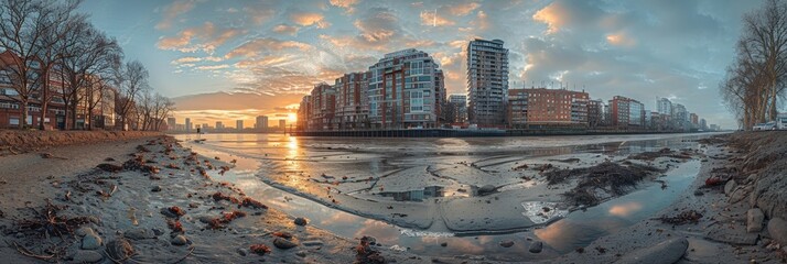 Fototapeta premium A breathtaking panoramic sunset view of a modern urban riverside with high-rise buildings and reflections on the water during low tide