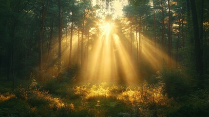 Sunlight Rays Through Dense Forest Trees