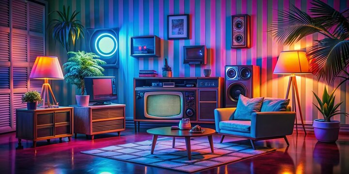 Retro living room scene with a vintage TV set displaying a colorful broadcast, surrounded by nostalgic items like