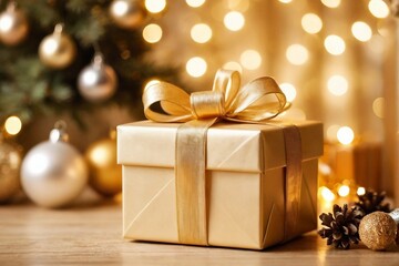 Close-up of a golden Christmas gift box on a background with trinkets, bokeh, and copy space.