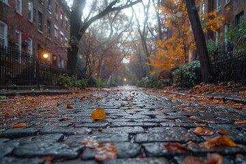 A picturesque street view on a foggy autumn day captured with vibrant fall leaves scattered on the cobblestone pathway in a serene neighborhood