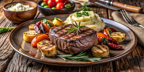 Tenderloin steak with grilled vegetables and a side of mashed potatoes on a rustic wooden table