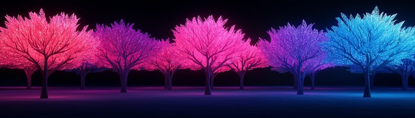 Obraz premium Radiant trees growing in a visionary landscape, their glowing leaves and branches illuminated by surreal lights Growth, visionary, radiant