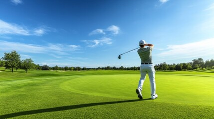 A golfer in mid-swing on a lush green fairway, with a clear blue sky in the background, capturing the power and precision of a perfect golf shot.