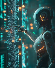 Android robot navigating through a cyber digital world, pointing its finger towards a glowing computer coding interface.luminous glow of digital technology, an android engages in the art of computer.
