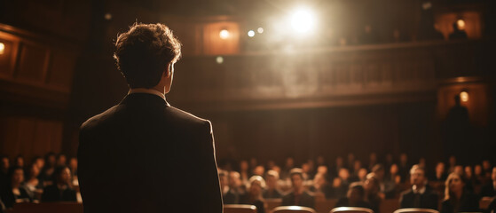 A charismatic leader commands room during final presentation, captivating audience with confidence and poise. atmosphere is charged with anticipation and engagement