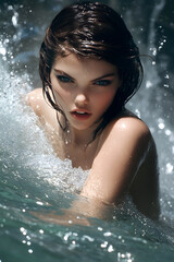 portrait beautiful girl swimming at scenic waterfall wallpaper