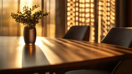 Fototapeta premium Cozy dining area with a wooden table, vase with flowers, and warm sunlight streaming through the window blinds, creating a serene atmosphere.