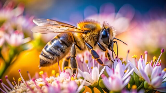 The busy bee hovered, its striped body drunk with delight, as it sipped sweet nectar from the flower's