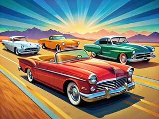 Retro-style illustration of vintage automobiles, including sleek roadsters, curvy convertibles, and iconic muscle cars,