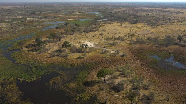 Aerial View of the Okavango delta from a helicopter in Botswana, Africa.