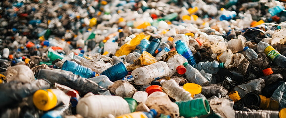 Close-up of plastic bottles, cups, and other recyclables cluttering a landfill, highlighting the recycling concept and the need for sustainable waste management solutions