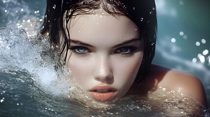 portrait beautiful girl swimming at scenic waterfall wallpaper