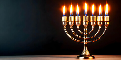 3D Glossy Hanukkah Menorah with Flickering Digital Flames on Dark Background - Perfect for Modern Holiday Banners and Graphics
