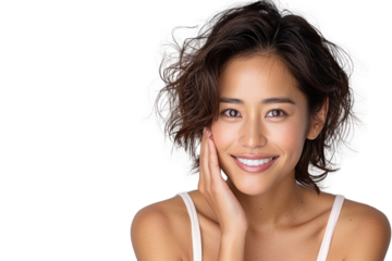 Smiling woman with hand on face